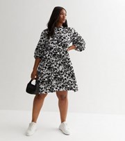 New Look Curves Black Abstract Button Front Mini Smock Dress